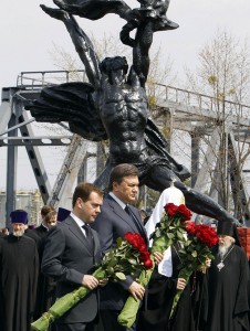 Dmitry Medvedev, Viktor Yanukovich and Kirill attend a memorial ceremony at the nuclear power plant in Chernobyl